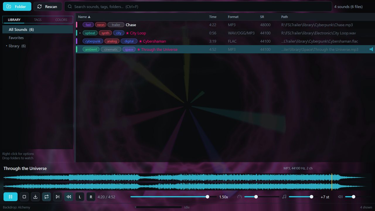 The library with an audio-reactive backdrop rendering behind the results grid while a track plays.