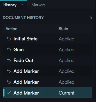 The document history panel listing Initial State, Gain, Fade Out, and three Add Marker entries, with the current state marked.