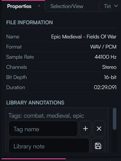 Detail of the Properties panel listing name, format, sample rate, channels, bit depth and duration, with library tags and a note field below.