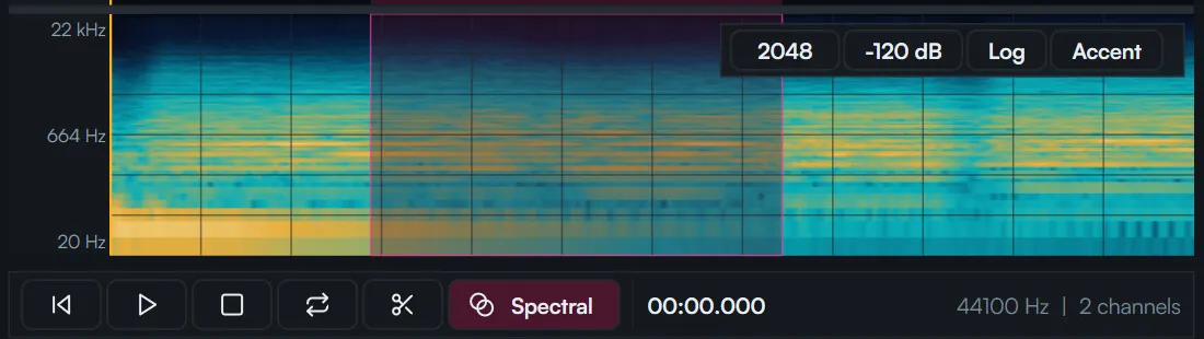 Detail of the spectral display with a selected region, the frequency scale from 20 Hz to 22 kHz, and controls for analysis size, floor, scale, and palette.
