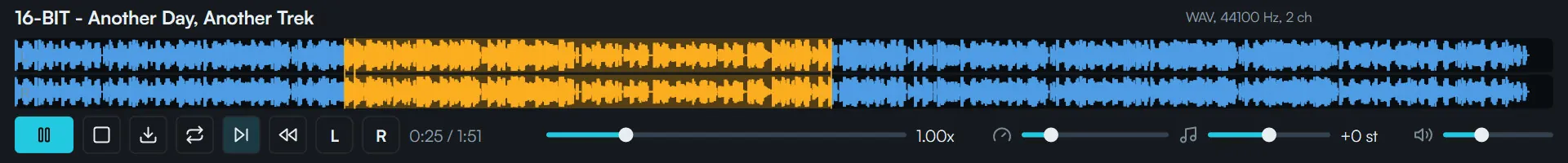 Detail of the transport bar: file name, format readout, stereo waveform with an amber loop range, transport buttons, position, speed, pitch, and volume.