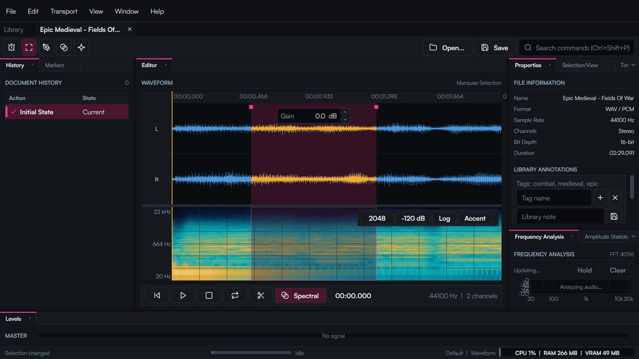 Fast Sound Editor with the Library pinned as a tab, document history on the left, a stereo waveform with a marquee selection and gain field above a spectrogram, and Properties and Frequency Analysis on the right.