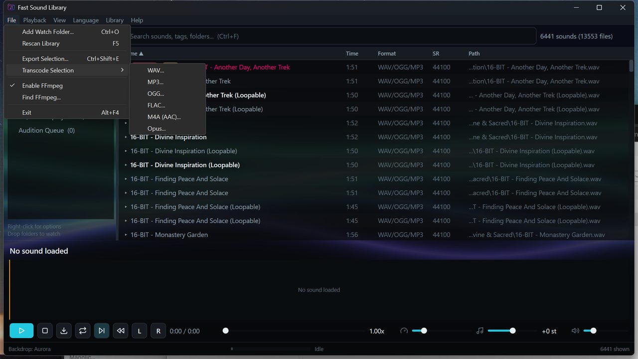 The File menu open with Add Watch Folder, Rescan Library, Export Selection, and the Transcode Selection submenu listing WAV, MP3, OGG, FLAC, M4A and Opus.