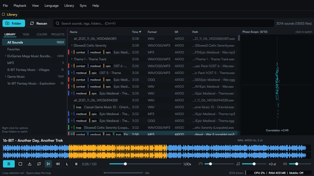 The Fast Sound Library window: sidebar with library, tags, colors and projects, a results grid with color marks and tag chips, a phase scope, and a transport with a stereo waveform and a highlighted loop range.
