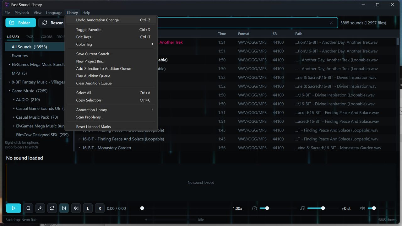 The Library menu open, showing Undo Annotation Change, Toggle Favorite, Edit Tags, Color Tag, Save Current Search, New Project Bin, audition queue commands, and Scan Problems.