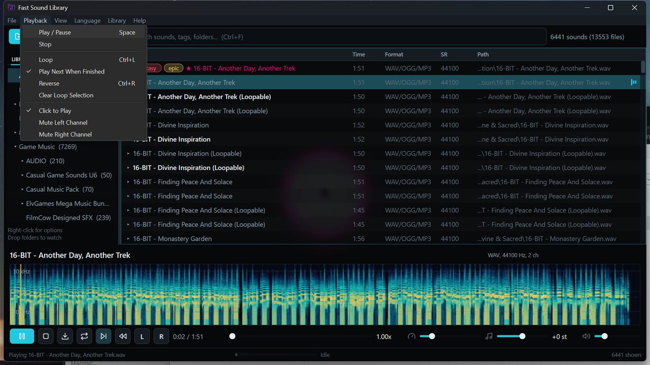 The Playback menu open over the library, showing Play / Pause, Stop, Loop, Play Next When Finished, Reverse, Clear Loop Selection, Click to Play, and channel muting, with keyboard shortcuts.