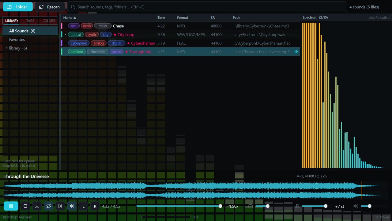 The library with the frequency spectrum view active on the right and an analyzer backdrop behind the results grid.