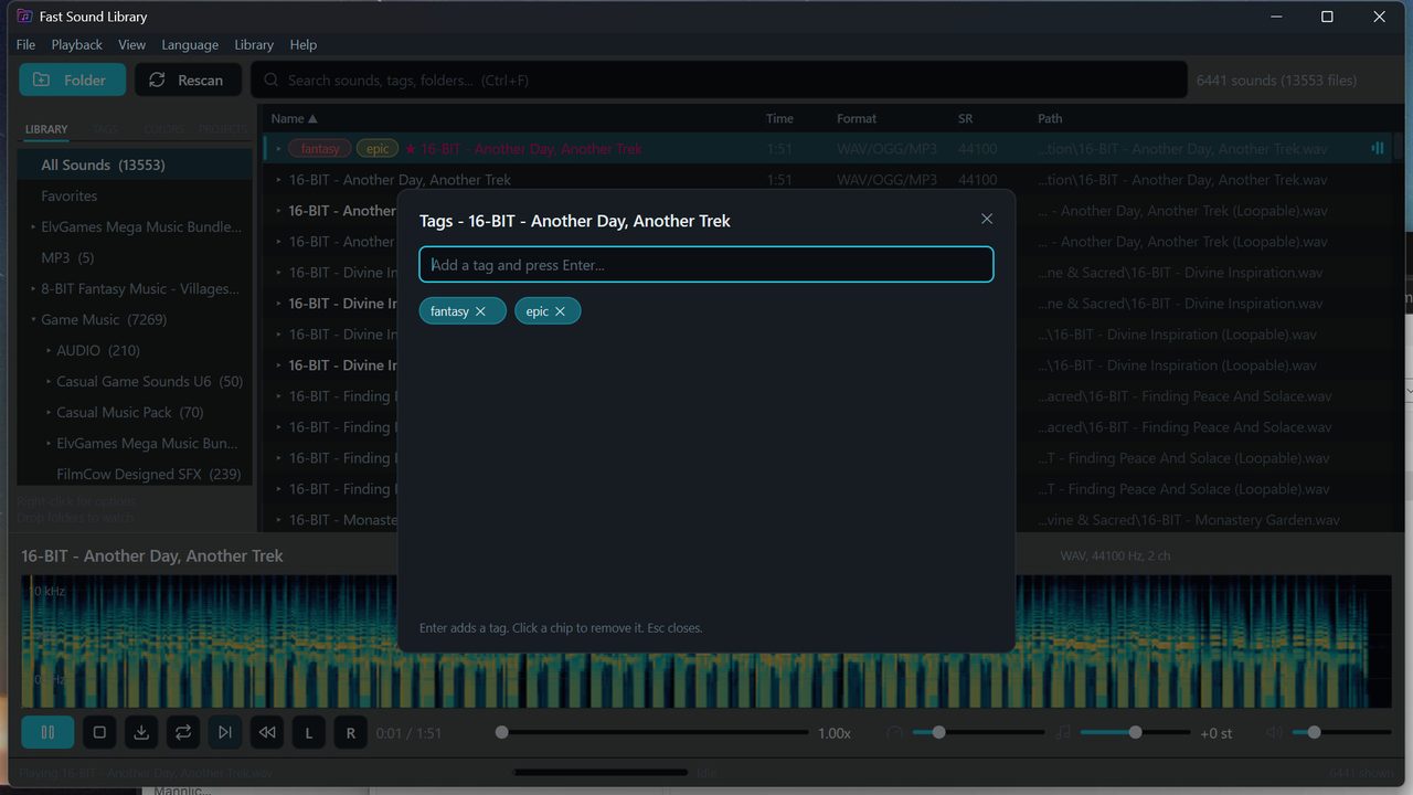 The tag editor open over the library with two tag chips applied to the selected sound and a field for adding another.
